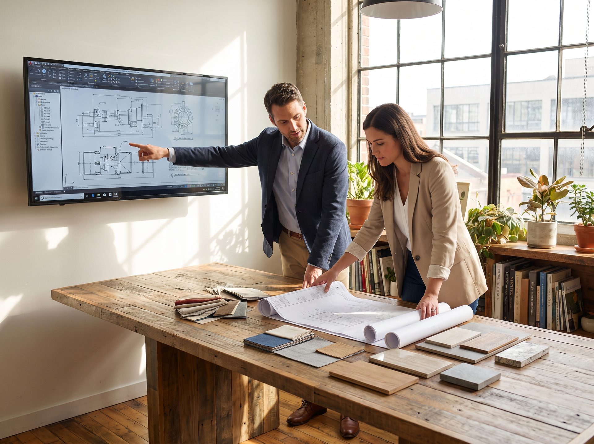 Architectural drawings on a table with device locations marked up; the Digital Living team reviewing with an architect.